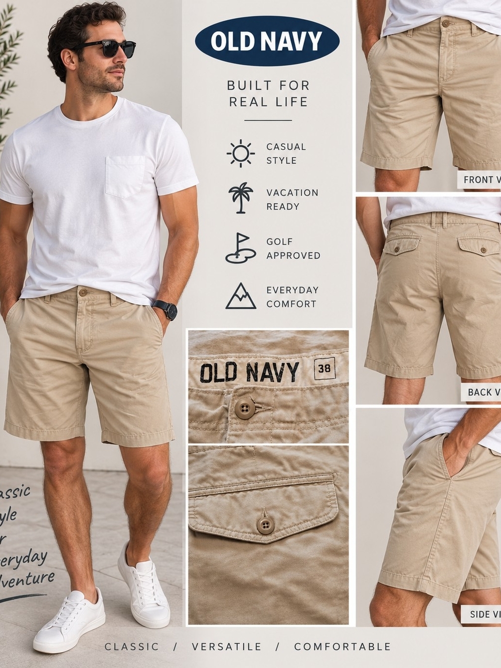 Old Navy Men’s Size 38 Khaki Chino Shorts Beige Casual Classic